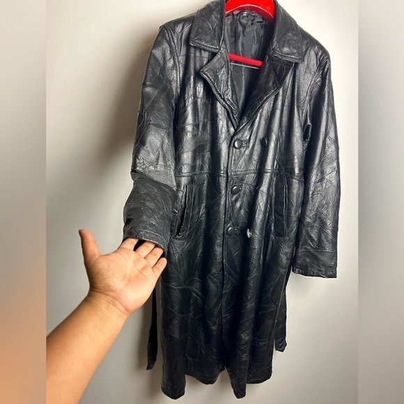 VTG 100% Genuine Leather Black Longline Trench Coat Jacket Motorcycle Equestrian - Picture 5 of 16